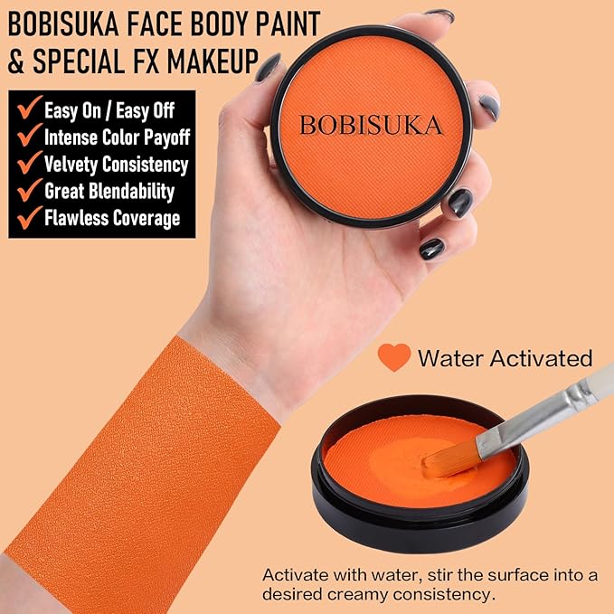 BOBISUKA Orange Face Body Paint, Water-Based Face Painting Kit & Body Paints, Kids Adults Facepaint for Halloween Pumpkin Scarecrow Fox Leopard & Tiger Makeup, Costume Cosplay Party Theater & Stage