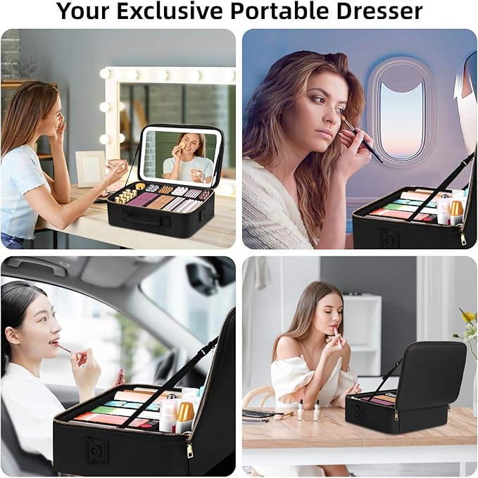 15“×11“Professional Makeup Train Case,Large Waterproof Travel Makeup bag with Mirror and Light, Leather Black Make up Bag with Mirror and Light,Led Makeup Case with Adjustable Dividers