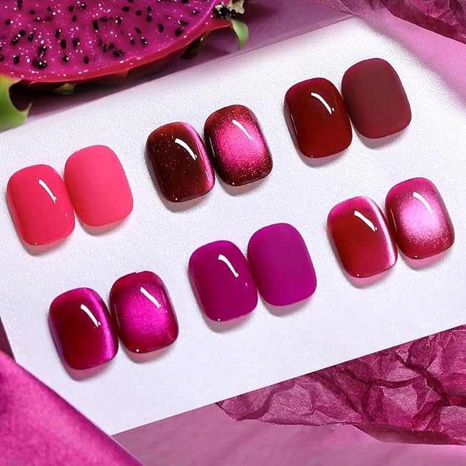 BORN PRETTY Gel Nail Polish Hot Pink Pitaya Red Color Gel Polish Ice Glass Cat Magnetic Eye Effect Holographic Glitter Shimmer Soak Off Nail Art Manicure DIY Salon and Home Sweetheart Series