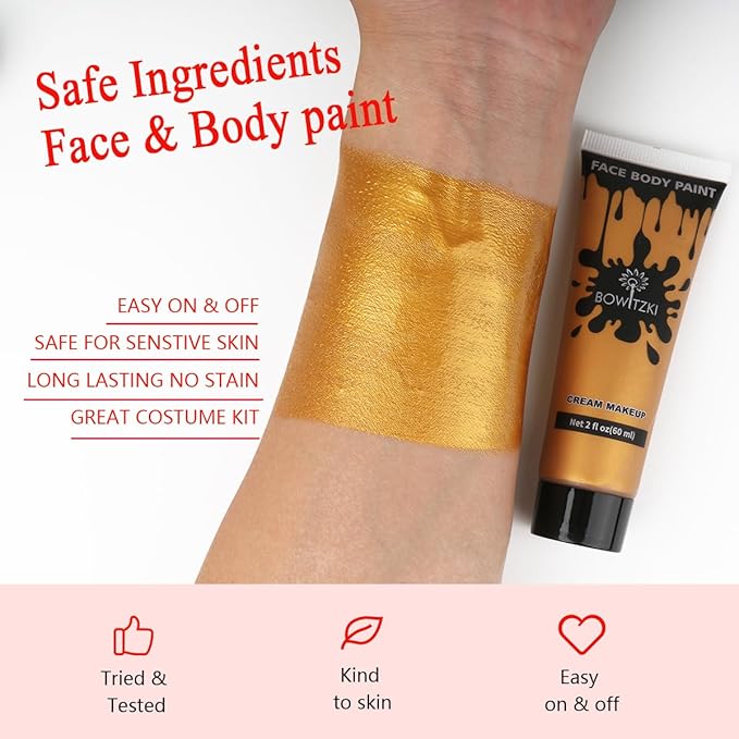 Bowitzki Face and Body Paint 2oz Cream Makeup 60ml Water Based Face Painting Special Effects For Adults Children Kids Halloween Christmas Party Stage Cosplay (Gold+Silver)