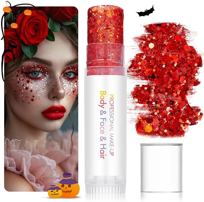 Body Glitter Stick Red Face Glitter Silver Brown Hair Glitter Halloween Face Paint Rave Makeup Glitter Festive Face Gems Christmas Fine Chunky Glitter Stick for Women Girls 2Pack