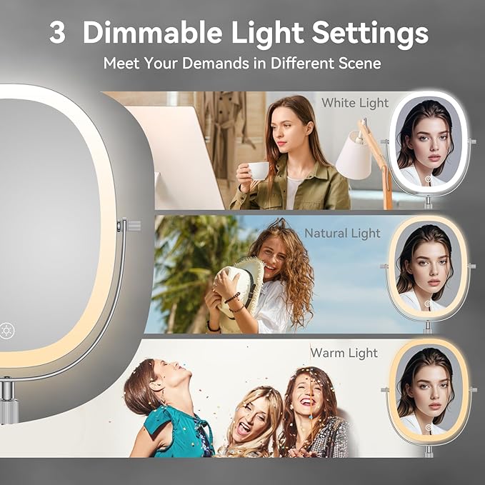 DOWRY Lighted Makeup Mirror with 7X Magnification, Height Adjustable Vanity Mirror, Rechargeable 3 Color Lights Lighted Makeup Mirror, 360° Swivel Double Sided Magnifying Mirror