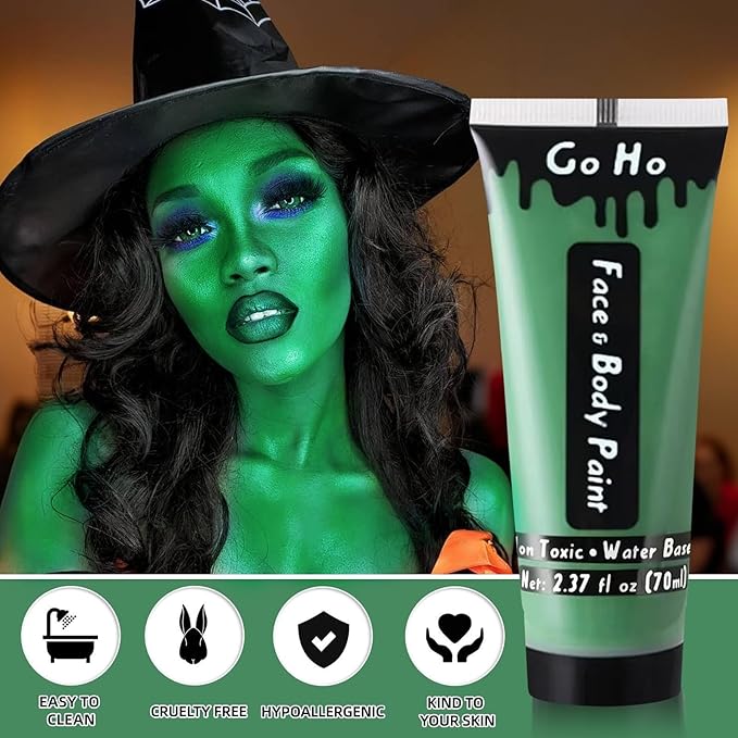 Go Ho Green Face Body Paint Washable (2.37oz/pc),Cream Green Face Paint,Full-coverage Body Paint for Halloween Costumes Camouflage Hunting Witch Gamora Hulk Cosplay Makeup