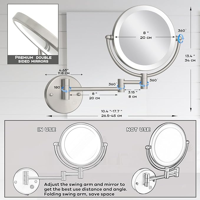 8 Inch Rechargeable Brass Lighted Magnifying Mirror Wall Mounted, 1X/5X Double-Sided Bathroom Personal Makeup Mirror with Light, Brushed Nickel