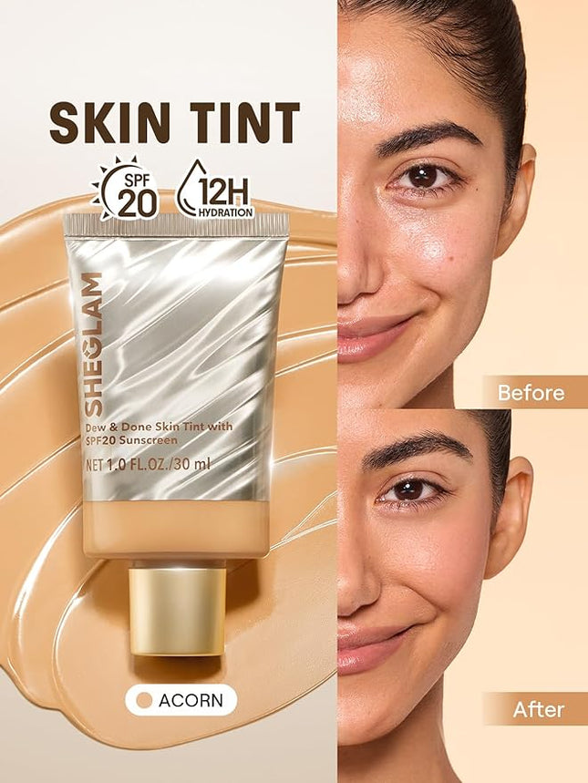 SHEGLAM Dew & Done Skin Tint with SPF20 Light-medium Coverage Foundation Evens Skin Tone-Acorn