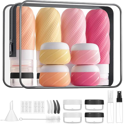 23 Pack TSA Approved Travel Bottles for Toiletries, Leak Proof Refillable Travel Size Containers Kit with Silicone Squeezable Bottles Jars for Shampoo Lotion Conditioner, in Clear Bag, Pink