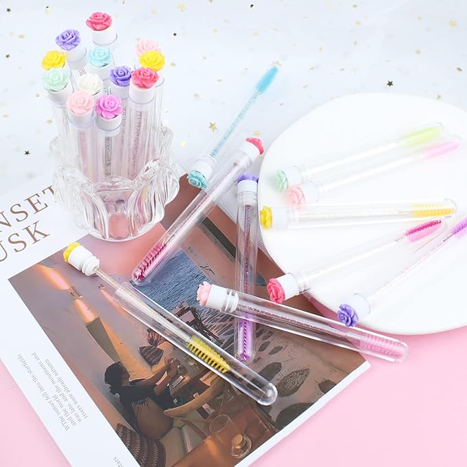 20Pcs Mascara Wands Tube Set SenRocc Reusable Lash Spoolies Rose Flower Tube Eyelash Brush Tubes Spoolies Lash Extension Brushes Applicators Makeup Tools (R-L-MIX)