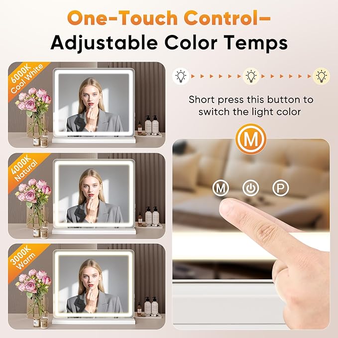 Sweetcrispy 19"x22" LED Vanity Mirror with Lights, Dimmable 3 Color Modes Makeup Mirror with Memory Function, USB Charging, Aluminum Frame, Lighted Mirror for Desk or Bedroom