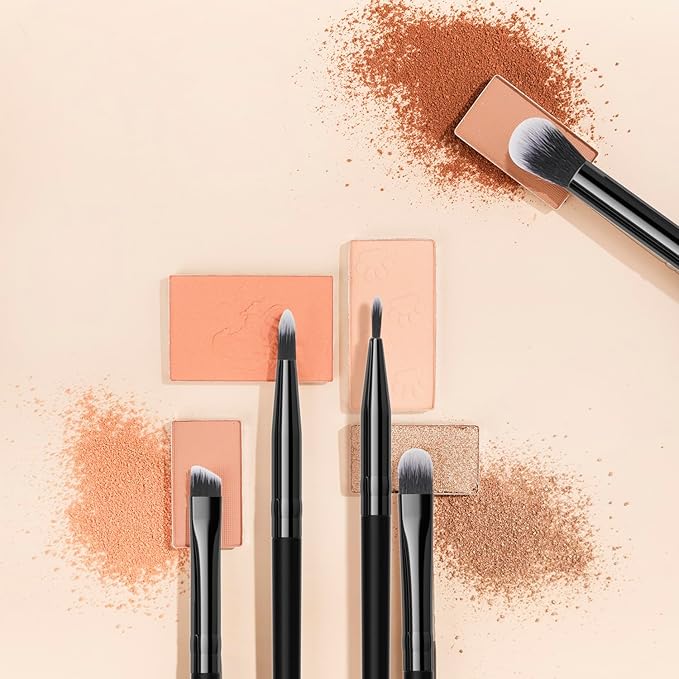 Eye Makeup Brush Set 5pcs - Blending, Concealer, Eyeshadow, Eyeliner & Dual Ended Brow Brushes, Soft Bristles and Wood Handle for Natural, Smoky and Bold Eye Looks - Small Travel Eyes Kit (Black)