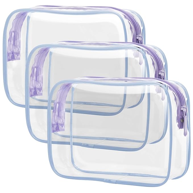 PACKISM Clear Toiletry Bag - 3 Pack Quart Size TSA Approved Toiletry Bag, Travel Makeup Cosmetic Bag for Women Men, Carry on Airport Airline Compliant Bag, Purple