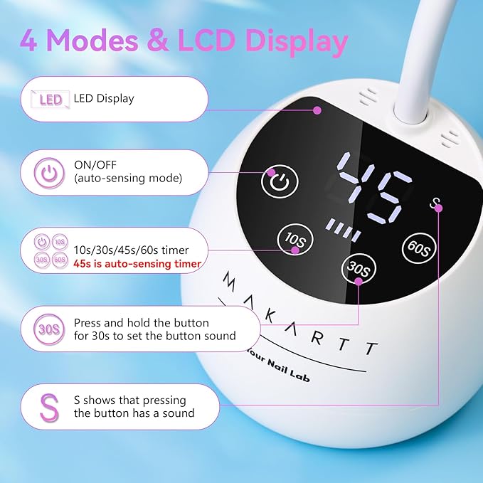 Makartt UV LED Nail Lamp - Gooseneck UV Light for Gel Nails Cherie Cordless USB 39W Nail Dryer LED Gel Lamp with 4 Times & Auto Sensor Fast Flash Curing Light for Salon Use (White)