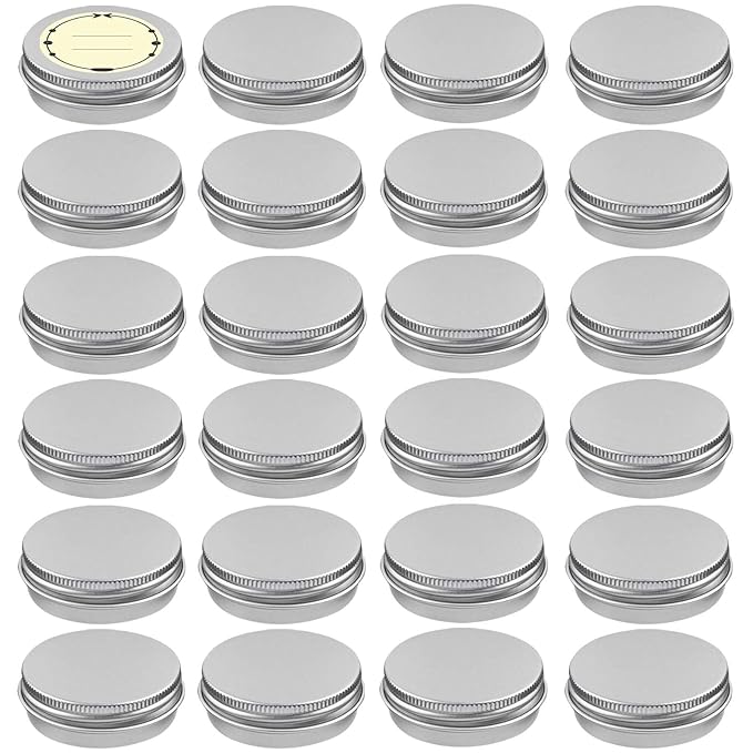 TUZAZO 24Pack 1 Oz Aluminum Tin Cans with Screw Lid and Labels, Refillable Travel Sized Cosmetic Containers Small Tins for Salves, Lotion Bars, Beard Balms, Candles