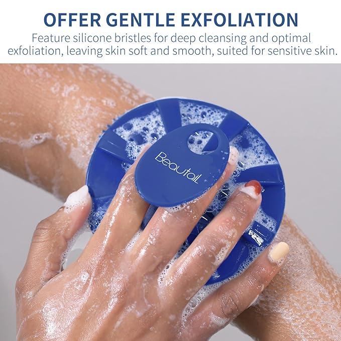 Silicone Body Scrubber, BEAUTAIL Shower Bath Scrubber, More Hygienic Than Traditional Loofah, Lather Nicely, Long Lasting, Gentle Exfoliating Brush for Women Men Baby Sensitive Skin, 1 Pack, Blue