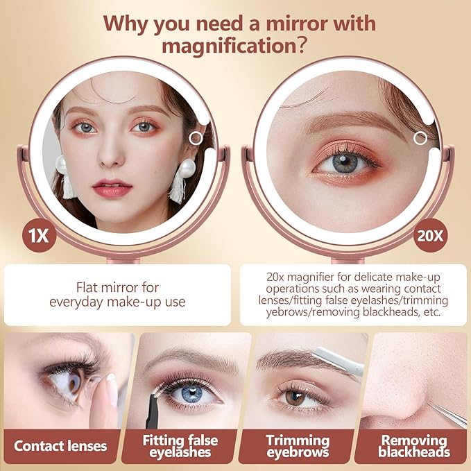 MIYADIVA Makeup Mirror with Lights,20X Magnifying Mirror with Light and Touch Switch, 2-Sided Vanity Mirror with 3 Colors and 80 LEDs, Metallic Rose Gold