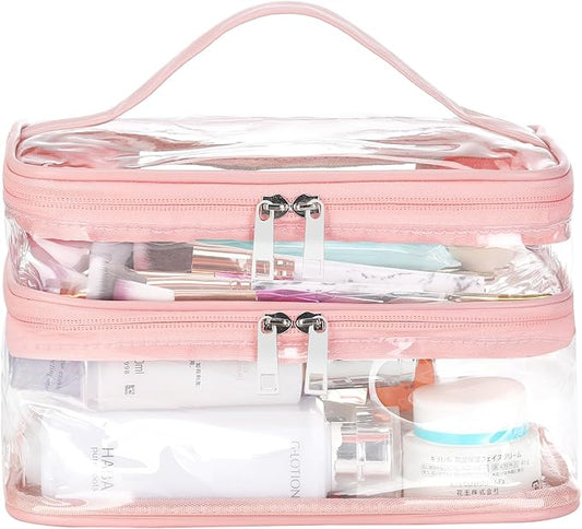 HAOGUAGUA Double Layer Clear Cosmetic Bag Makeup Bag, Waterproof Travel Toiletry Bag, Transparent PVC Pouch Organizer (Pink Large)