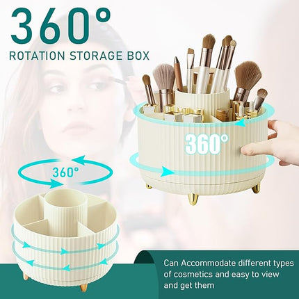 Diesisa Makeup Brush Holder Organizer,360° Rotating Makeup Brush Organizer,5 Slot Make up Brushes Cup for Cosmetics, Nail Polish, Art Supply, Bathroom Vanity Desktop Organizer - Cream