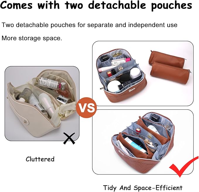 Travel Makeup Bags Cosmetic Organizer Bag: Quilted Make up Bag Set of 3 - PU Leather Toiletry Bags for Women - Portable Makeup Organizer with Compartments & Handle & Divider(14 Brown)