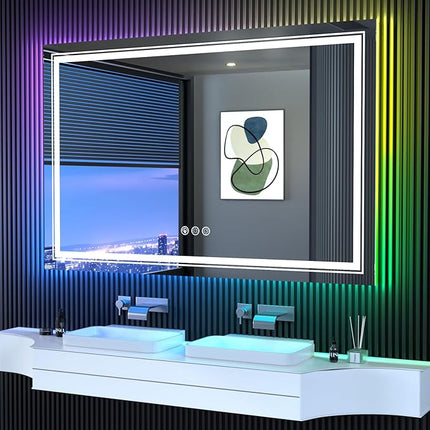 LED Mirror for Bathroom, 55"X30" with 8 RGB Backlit +3 Front Lit (Adjustable Individually), Anti-Fog, Large Lighted Bathroom Vanity Mirror for Wall,Shatterproof,Memory Function,Tempered Glass