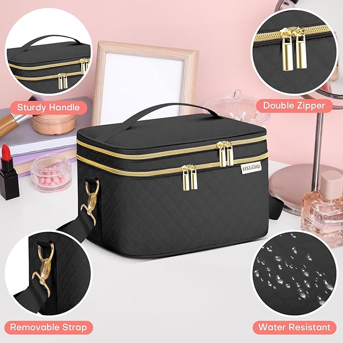 Double Layer Travel Makeup Bag Women, Cosmetic Organizer Case, Travel Essentials Accessories with Shoulder Strap for Bottles, Brushes, Conditioner, Skin Care Products, Black