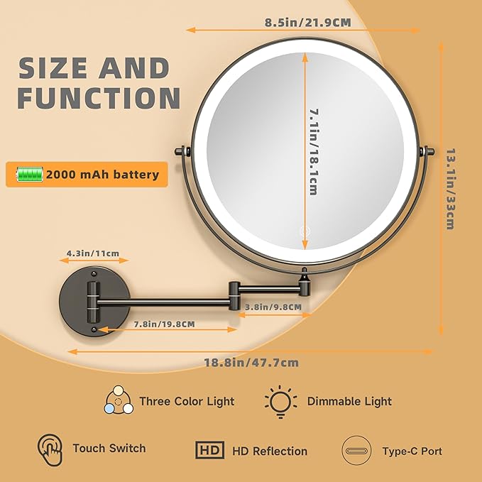 8.5" Wall Mounted Makeup Mirror with Light, 2000mAh Rechargeable Double Sided 1X / 10X Magnifying Vanity Mirror, 3 Color Lights Touch Dimmable 360° Rotation Bathroom Mirror, Black