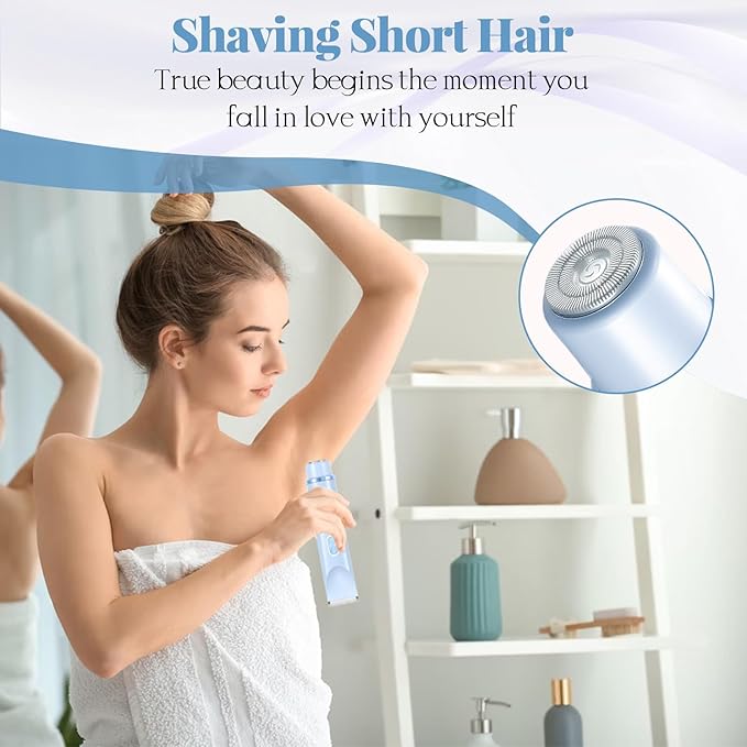 Dermave Bikini Shaver 2.0, Dual Head Electric Bikini Trimmer for Women, 2 in 1 Wet and Dry Waterproof Glow Aura Womens Shaver for Face, Legs, Underarm (Blue)