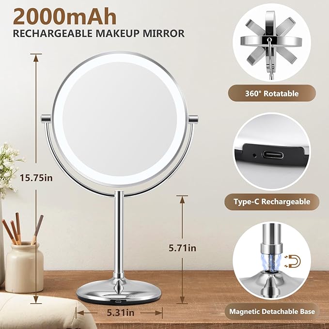 9" Makeup Mirror with Lights: 1X/15X Magnifying Mirror with Lights, Rechargeable Make Up Mirrors with 3 Colors, Light up Mirror, Chrome