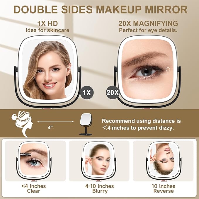 Mocado Makeup Mirror with Lights, 1X/20X Magnifying Mirror with Light, Vanity Mirror with 3 Colors Lights, Height Adjustable Lighted Makeup Mirror, Double Sided 360°Rotation, Memory Function (Black)