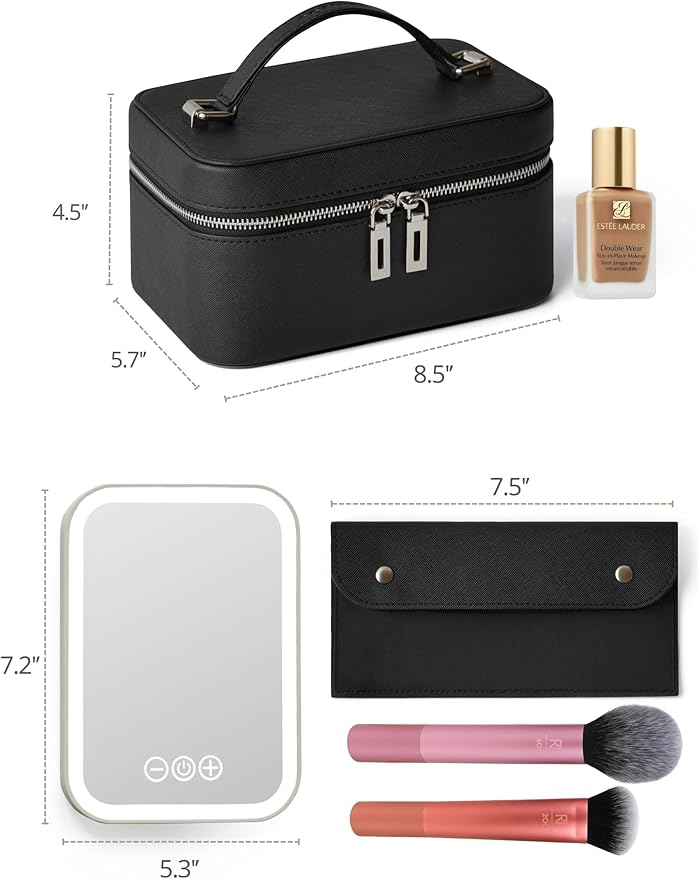Popvibe Travel Makeup Bag with LED Mirror, Compact Make Up Vanity Case with Brush Storage and Top Handle, Light Up Makeup Case Traveling Leather Cosmetic Bag, Portable Medium Sized Train Case, Black