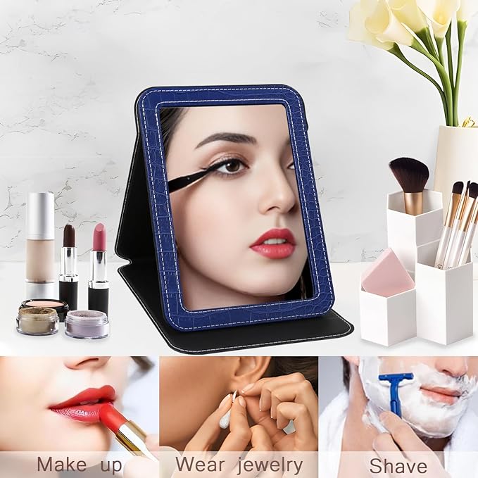 Blue Foldable Desk Mirror, 6.5×8.9” Adjustable Angle Rounded Rectangle PU Edge Covering Travel Mirror with Stand (LBlue)