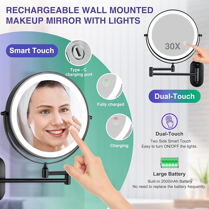 Wall Mounted Makeup Mirror with Light: 30X/1X 8.5'' Double Sided LED Magnifying Bathroom Mirror, Black