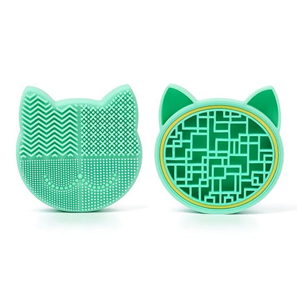 New Grass Green Silicon Makeup Brush Cleaner Mat with Portable Cat Shaped Cosmetic Brush Cleaning Pad Holder and Drying Holder