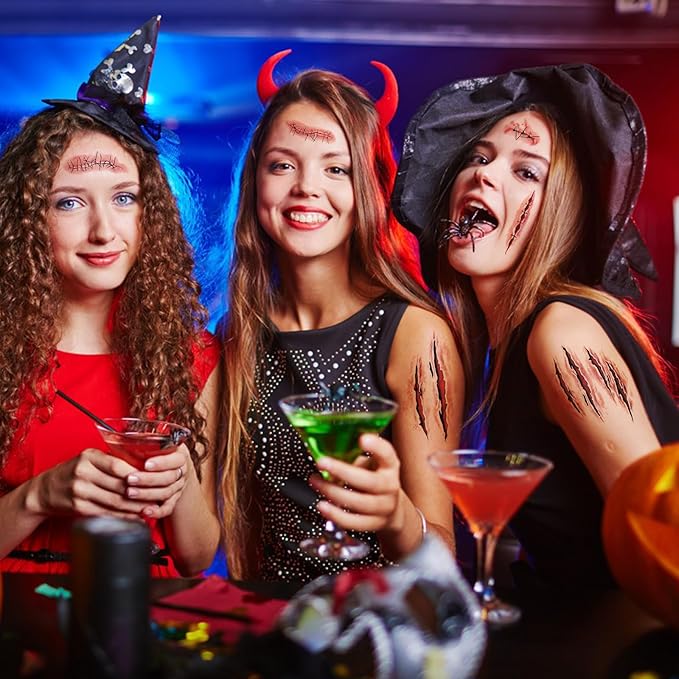 10 Sheets Halloween Zombie Scar Temporary Tattoos, Fake Bloody Wound Stitch Scab Body Face Waterproof Tattoo Stickers Masquerade Prank Makeup Props