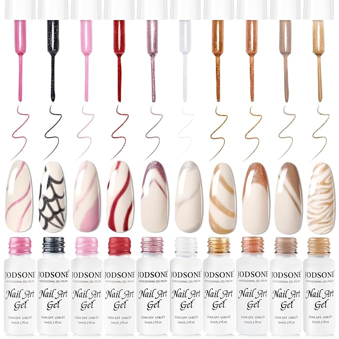 JODSONE Nail Art Gel Liner Set 10 Colors Glitter Red Black Pink Gel Nail polish Need U V Lamp Cured with Thin Brush at Home Salon Design