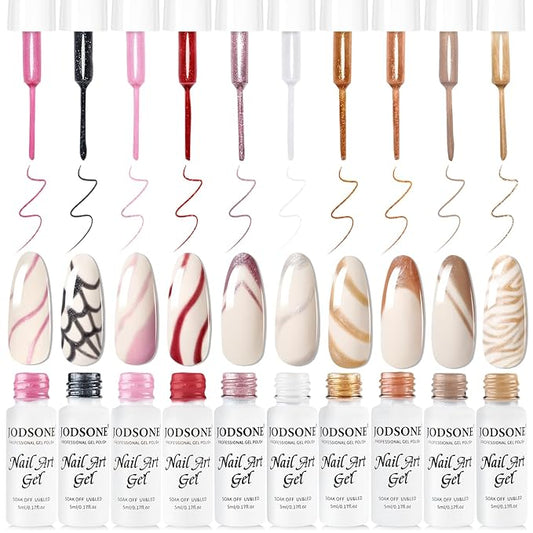 JODSONE Nail Art Gel Liner Set 10 Colors Glitter Red Black Pink Gel Nail polish Need U V Lamp Cured with Thin Brush at Home Salon Design