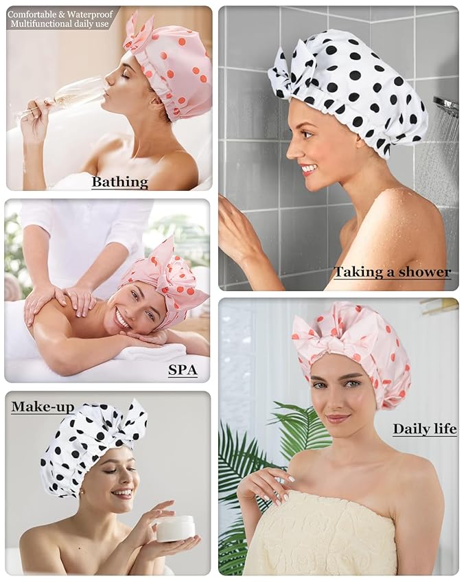 2Pcs Shower Caps for Women Shower Cap Reusable Waterproof Hair Cap for Shower with Adjustable Bowknot Luxury Bath Cap for Women (Black Dot & Pink Dot)