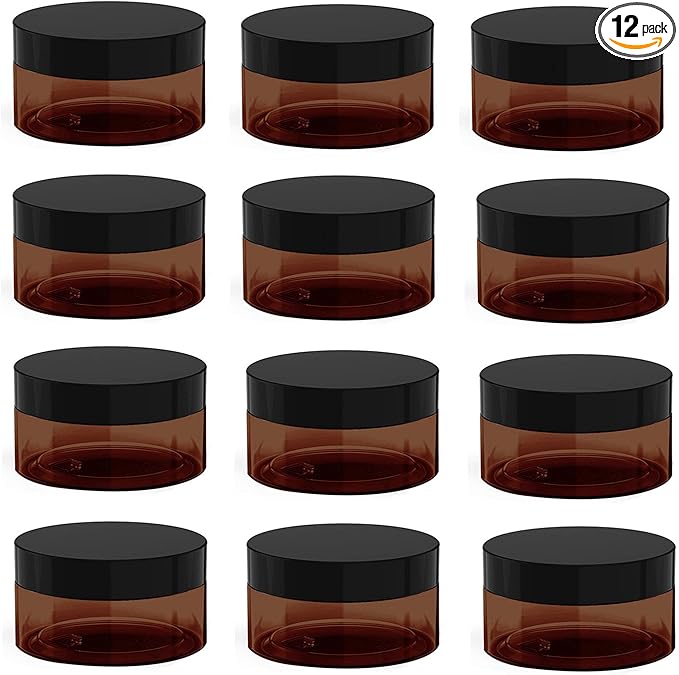 4 oz Amber Plastic Cosmetic Jars Leak Proof Container with Black Lid for Cream, Lotion, Powder, ointment, Beauty Products etc, 12 Pcs.