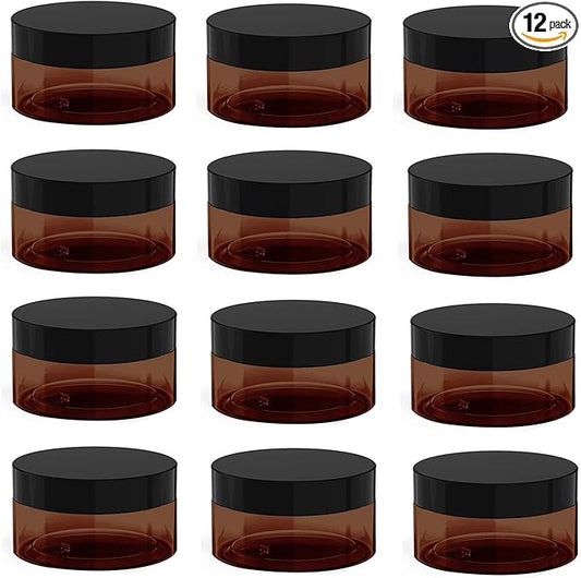 4 oz Amber Plastic Cosmetic Jars Leak Proof Container with Black Lid for Cream, Lotion, Powder, ointment, Beauty Products etc, 12 Pcs.