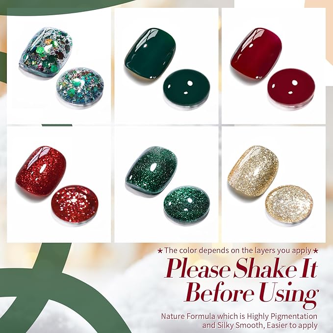 Born Pretty Gel Nail Polish Set 6 Colors,Spring Summer Green Red Gold Glitter Colos Gel Polish Kit Nail Art Manicure Design DIY Home Salon Collection Gift