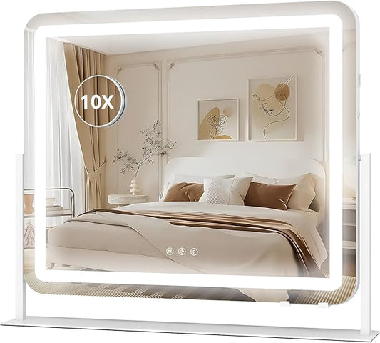 YOURLITE Vanity Mirror with Lights, 24"x 20" LED Makeup Mirror, Smart Touch Dimmable 3 Colors Modes & Adjustable Brightness, 10x Magnification with USB Charging Port, 360° Rotation for Bedroom