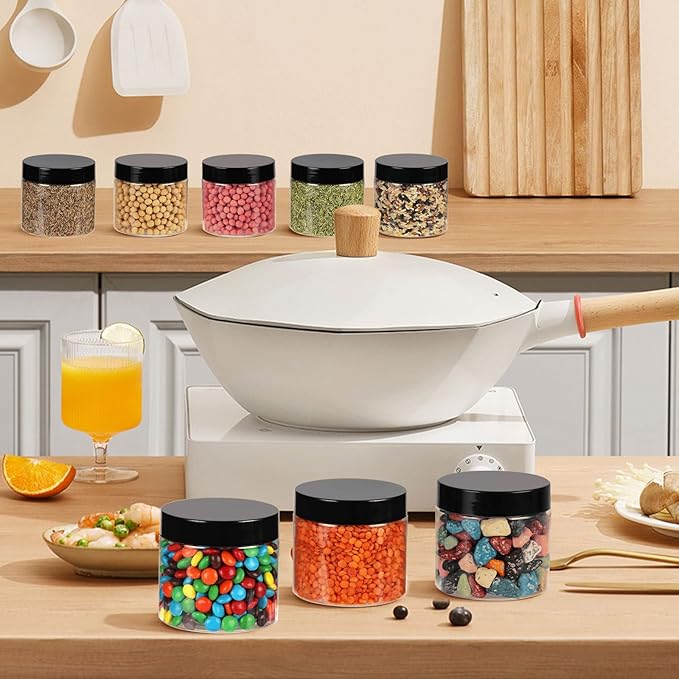 EkkoVla 40 Pack 6 oz Clear Plastic Jars Wide Mouth Round Containers with Black Lids BPA FREE, Empty Multi-use Refillable Storage Jar with Airtight Lid for Cosmetics Beauty Products