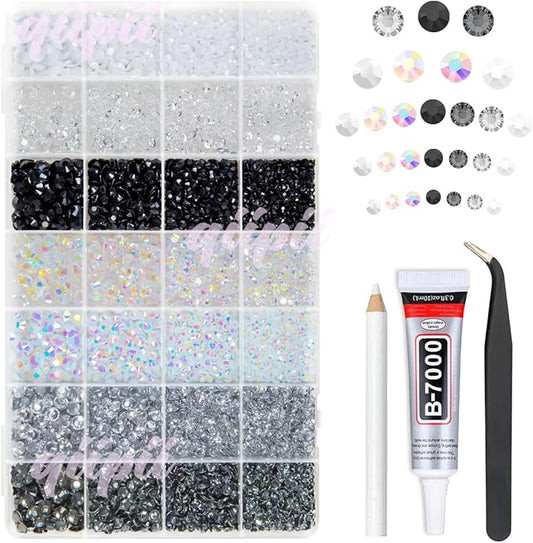 28 Types Black White Transparent Jelly Resin Rhinestones w B7000 Jewelry Glue for Bedazzling Crafting 3-6mm Flatback Stones Gems Diamonds Crystals for Face Eyes Makeup Crafts Tumblers Bottles