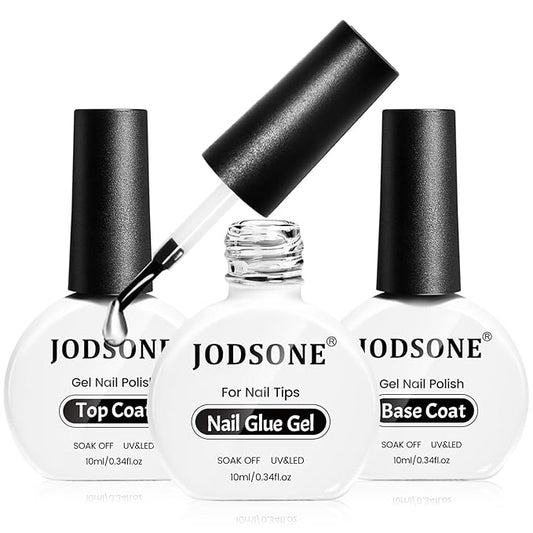 JODSONE 3Pcs 10ml Top and Base Coat Nail Glue Gel Set No Wipe for Long Lasting Manicures Nail Glue Gel for Securely Attaching False Nails and Decorations Requires U V Lamp Curing