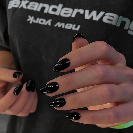 Black Press on Nails Medium Coffin Fake Nails Press ons, KXAMELIE Full Cover False Nails Tips Medium Length Glue on Nails Natural Thick Long Acrylic Nails 24Pcs Solid Color Coffin Nails for Women