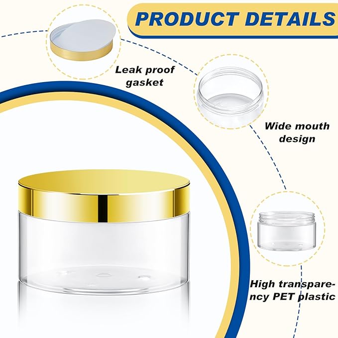 Dandat 24 Pcs 8 oz Plastic Jar Container with Lid and Label Refillable Empty Round Clear with Gold PET Cosmetic Sample Containers for Lotion, Cream, Ointments, Body Butter, Makeup, Travel Storage