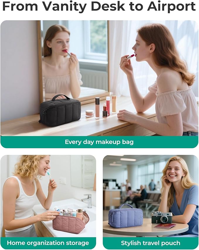 BAGSMART Travel Makeup Bag for Women, Portable Water-resistant Cosmetic Case, Puffy Padded Make Up Organizer Pouch, Open Flat Toiletry Bag for Toiletries, Brushes, Green