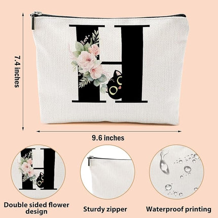 Floral Cat Initial Makeup Bag, Personalized Skin Care Bag, Travel Organizer Toiletry Bags for Women Mom Friends, Cosmetic Bags Makeup Pouch with Zipper, Letter H