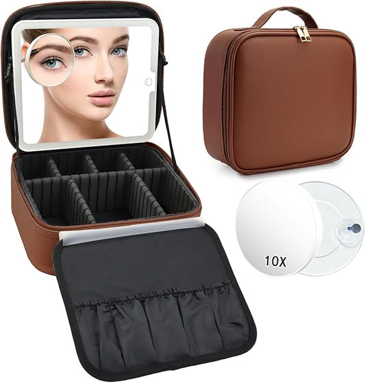 Travel Makeup Bag with LED Mirror and 10x magnifying glass with 3 Lighted Settings, Adjustable Dividers and Makeup Brush Storage Bag Dark Brown