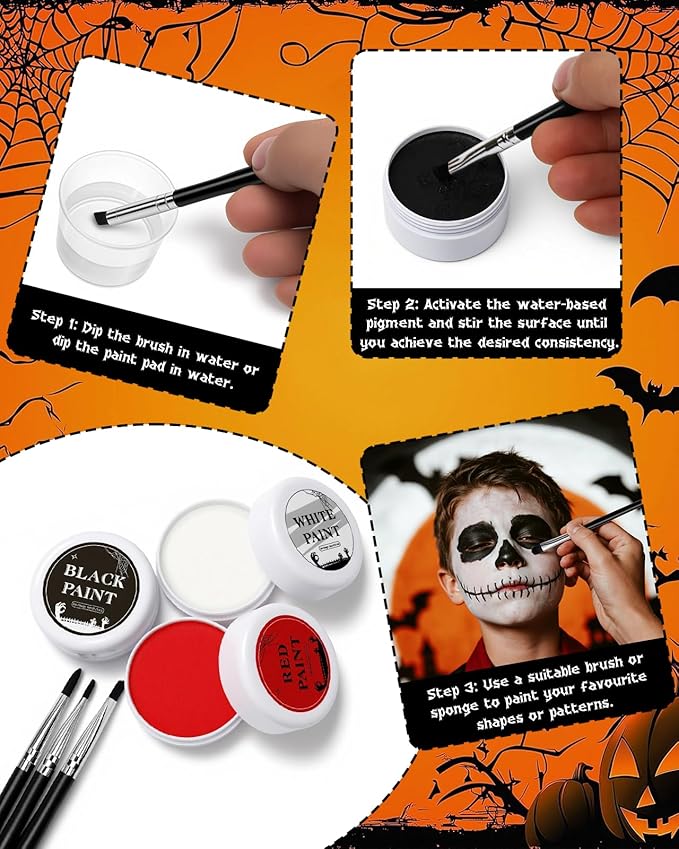 Halloween Effects Makeup Kit, Red Black White Face Paint, Makeup with Tri-color makeup Tattoo stickers sponges brushes, Perfect for Halloween Zombie Vampire Skeleton