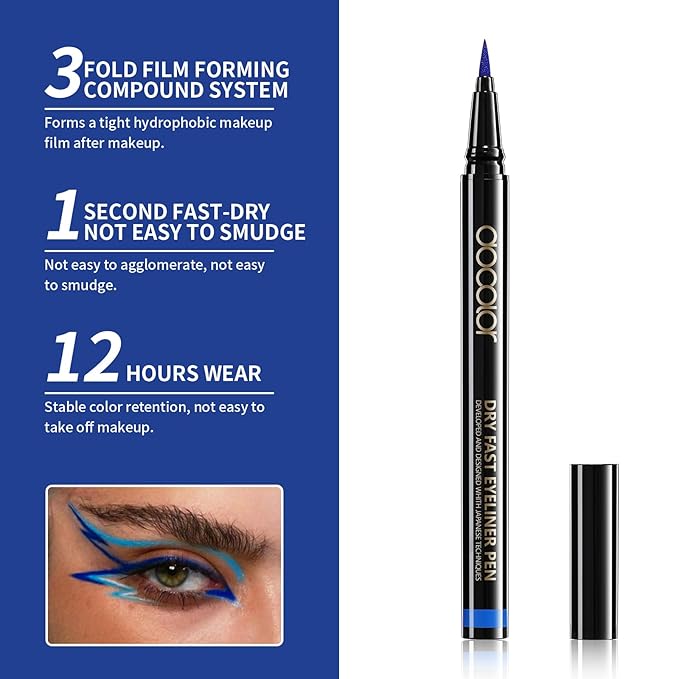 docolor Waterproof Eyeliner Pen Super Slim Liquid Precise All Day Eye Liner Gel Blue
