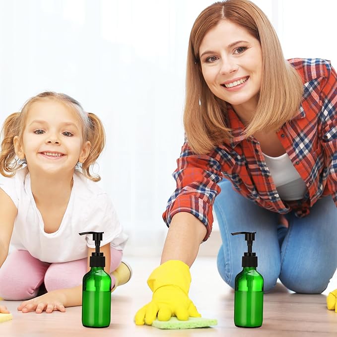 Tanlade 12 Pcs Glass Pump Bottle Dispenser 4 oz Travel Bottles with Pump Refillable Glass Containers for Toiletries Lotion Liquid Soap Shampoo Essential Oils Cosmetic Travel Accessories(Green)